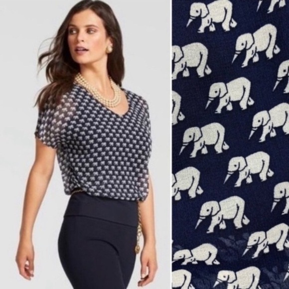 CAbi Tops - CABI Parade Blouse Elephant Print Navy/White Sz L #5345  NWOT